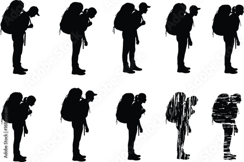 Silhouette of burdened person with heavy backpack showing stress, depression, mental health, anxiety, emotional exhaustionSilhouette of burdened person