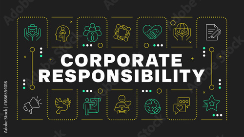 Corporate responsibility black word concept. Ethical business principles. Social care strategy. Horizontal vector image. Headline text surrounded by editable outline icons. Hubot Sans font used