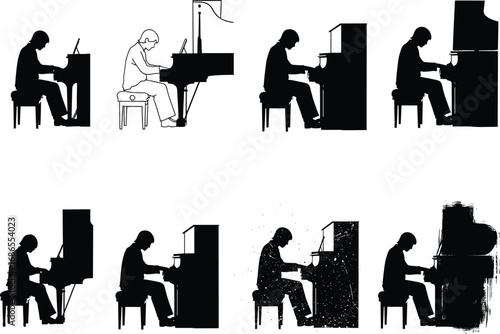Pianist silhouette collection, man playing piano variations, black and white vector illustration for music design