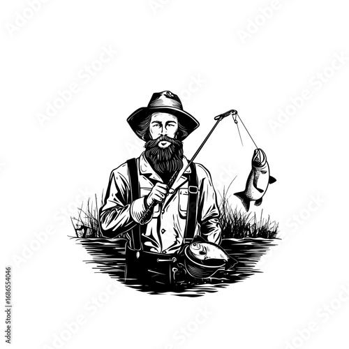 A black and white illustration of a bearded fisherman in a hat and suspenders, standing in water and holding a caught fish.