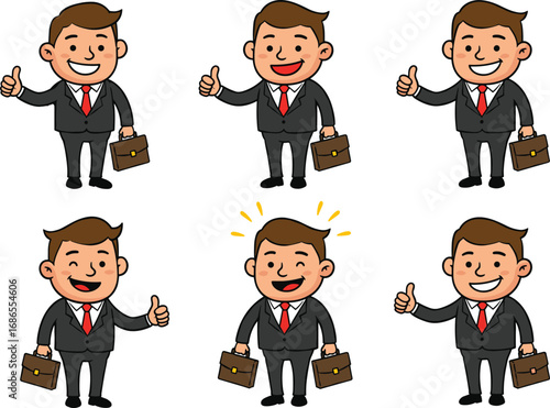 Business cartoon character, smiling man in suit, briefcase poses, thumbs up gesture, confident expression, professional illustration, success