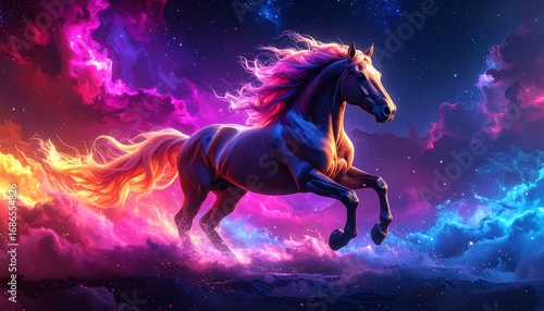 Majestic horse galloping through a vibrant cosmic cloud