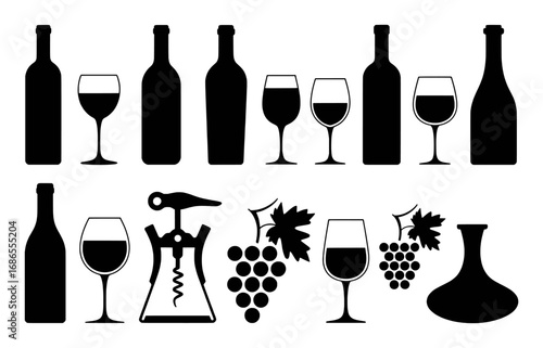 Black Silhouette Icons of Wine Bottles, Glasses, Corkscrew, Grapes, and Decanter