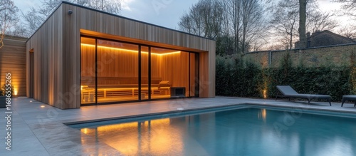Luxury Outdoor Sauna and Pool: Evening Serenity