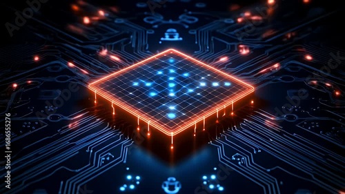 Neural network layers animation. Futuristic microchip surrounded by glowing circuitry in a tech environment