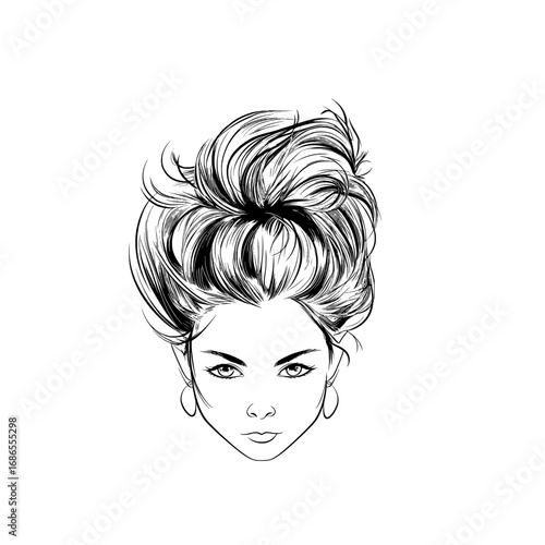 A striking black and white sketch of a woman's face with a messy, voluminous updo hairstyle and large hoop earrings.
