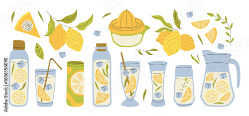 Lemons and lemonade set in flat graphic design. Collection isolated elements with citrus fruit slices, citric flower and leaves, glass, cup or bottle with juice drink and other. Vector illustration.