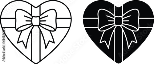 Two heart-shaped gift boxes, one outlined and one solid black, both with bows.