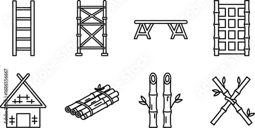 Collection of simple line art icons representing bamboo construction and building materials.