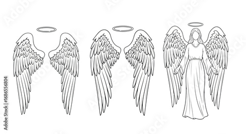 Collection of handdrawn angel wings and a full angel figure