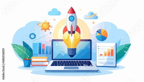 Illustrative concept of a new business startup launch, showcasing innovation with a rocket and lightbulb idea