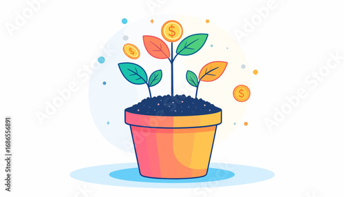 Conceptual illustration of a plant with coin leaves in a pot, symbolizing financial growth, strategic investment, wealth accumulation, and business prosperity