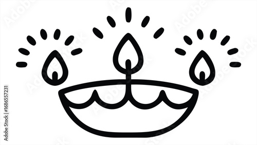 Simple hand drawn outline of a diya with three flickering flames representing light and celebration a minimalist artistic symbol for festivals and traditions
