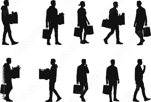 Silhouettes of people walking with grocery bags, shopping lifestyle, daily errands, consumer habits, food market
