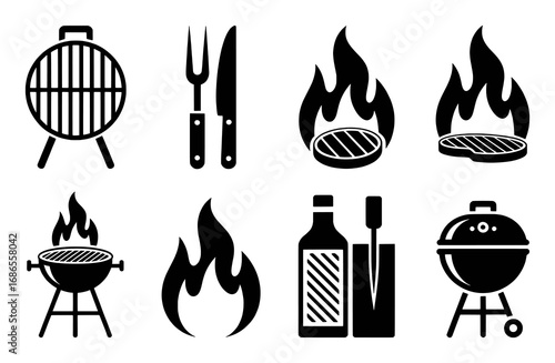 Collection of Black and White Icons Representing Grilling and Barbecue