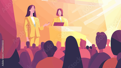 Female business coach giving presentation to diverse audience at seminar or conference with warm lighting and modern minimalist style illustration