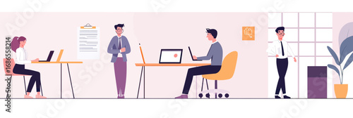flat illustration business office people working modern workspace teamwork collaboration professional casual meeting laptops diverse team members smiling minimal design