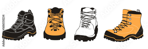 Set of four hiking boots with laces in flat minimalist vector style showing different colors and designs for outdoor trekking footwear illustration