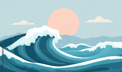Abstract minimalist ocean waves with white foam crashing against a pastel sky and sun background in flat vector style digital illustration