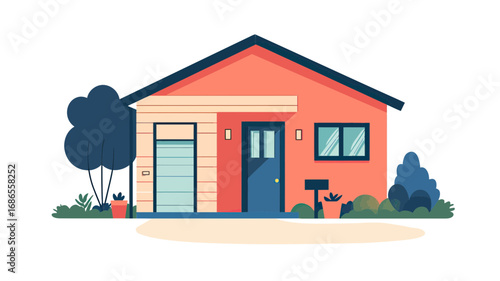 Minimalist flat vector illustration of cozy modern house facade with garage door, front entrance, windows, and garden plants