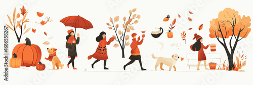 Autumn people walking with dog holding umbrella and pumpkin bucket falling leaves orange trees cozy fall nature seasonal outdoor leisure activity vector illustration