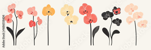 Hand drawn minimalist vector illustration of colorful orchid flowers in flat style with red, yellow, black, and peach petals arranged in a horizontal line on light background