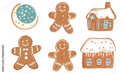 Set of festive gingerbread cookies including gingerbread men, crescent moon with icing, and two decorated gingerbread houses with snow icing