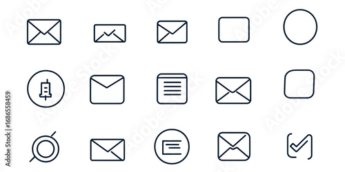 Minimalist line icons set featuring email envelopes, message symbols, interface elements, square and circle shapes, editable stroke design for contact and communication concepts