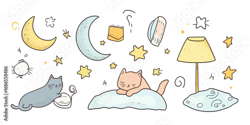 Sleeping cats resting on pillow and floor lamp with crescent moons and stars doodle set in hand drawn sketch minimalist style