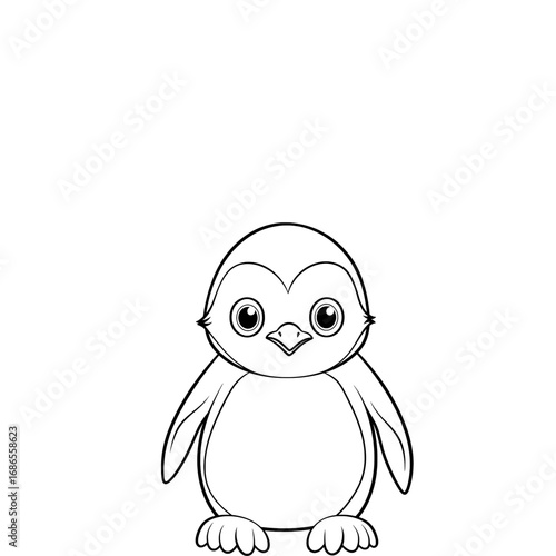 A simple black and white line drawing of a cute baby penguin standing and looking forward.