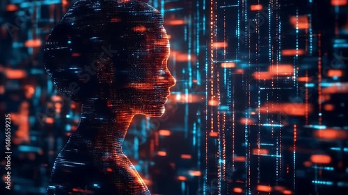 Neural network layers animation. Digital silhouette of a person against a vibrant data stream background