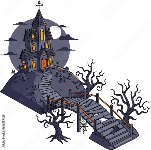 Spooky haunted house on a hill with a bridge, perfect for Halloween-themed designs and eerie illustrations
