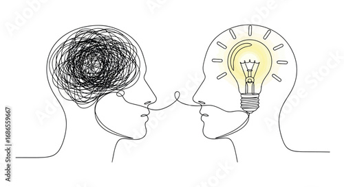 Conceptual illustration of two heads communicating, one with tangled thoughts and the other with a bright idea