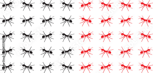 Pattern of black and red ants on a white background