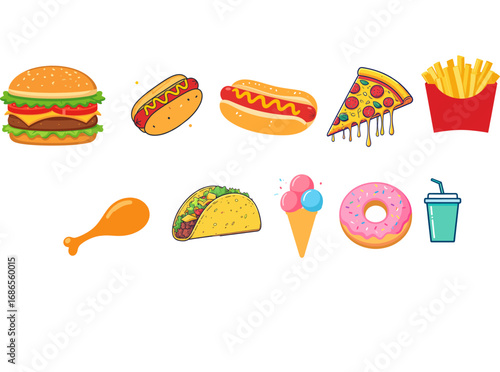 Delicious Assortment of Fast Food Icons Burger, Hotdog, Pizza, Fries, and More!