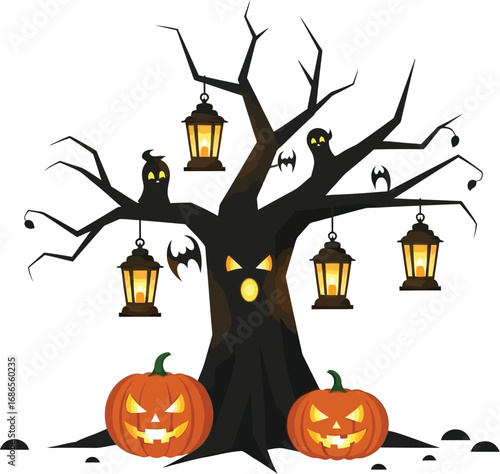 Spooky halloween tree with carved pumpkins and hanging lanterns for a festive and eerie celebration