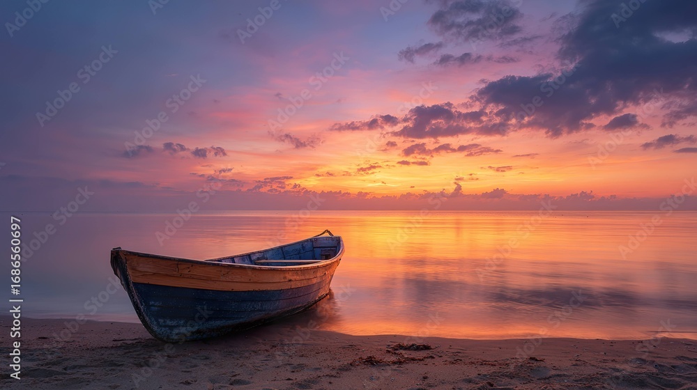 Fototapeta premium Peaceful sunrise or sunset on seashore with boat