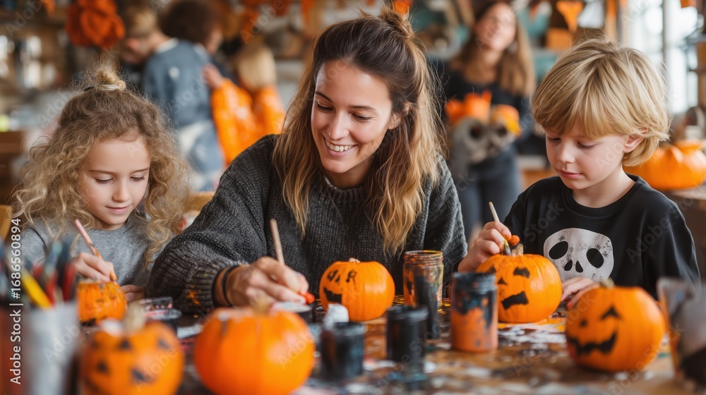 Fototapeta premium A joyful family creating Halloween decorations with painted pumpkins.