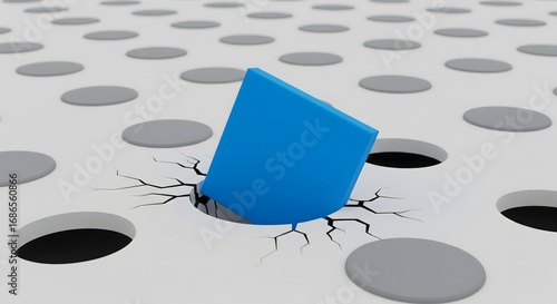 Blue Square Peg Breaking Through Round Hole Surface as Metaphor for Nonconformity, Innovation, Individuality, and Thinking Outside the Box