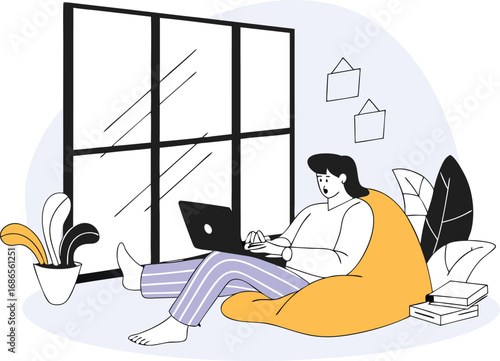 2d vector illustration of person relaxing on beanbag with laptop