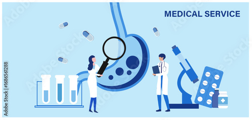 Doctor diagnosis patient gastritis ulcers and treat.  Digestive disorder causes heartburn pain and acid indigestion GERD gastroesophageal reflux acid stomach. Digestive disorder causes heartburn pain 
