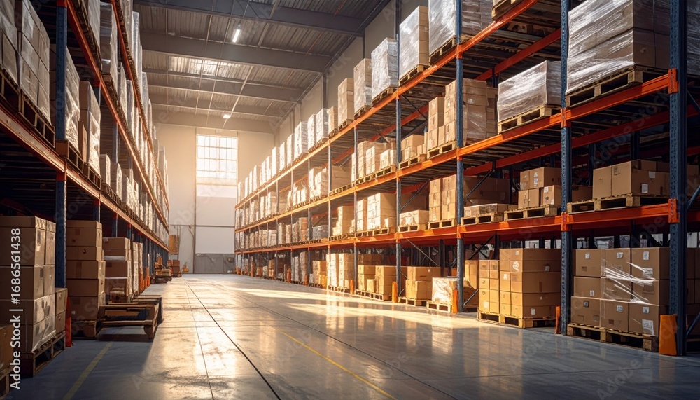 Obraz premium Large Warehouse Interior with Shelves and Packaged Goods