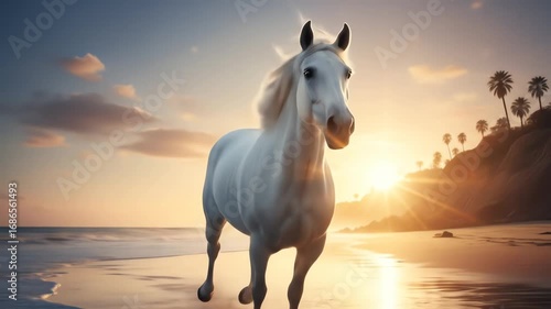 White horse running near the shoreline during sunset with palm trees, Dolly Zoom