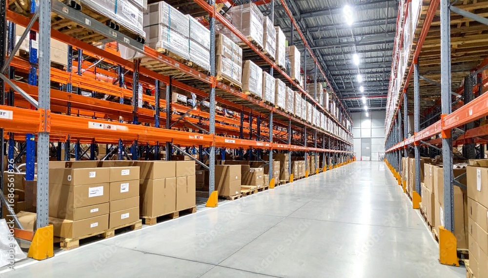 Fototapeta premium Spacious Warehouse Aisle with Shelves and Cardboard Boxes