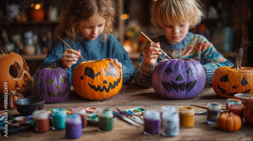 Children painting Halloween pumpkins with joyful expressions and colorful paints.