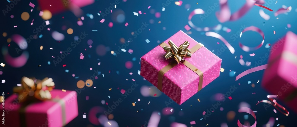 Fototapeta premium Festive pink gift box surrounded by colorful confetti