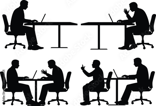 Business professionals collaborating at desks, laptop interaction, seated silhouettes, teamwork, communication, formal attire, workplace setup, discussion, productivity, posture