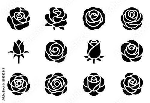 Collection of Black Rose Icons and Silhouettes on White Background