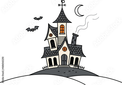 Spooky haunted house on a hill with bats, moon, and smoke for a Halloween night illustration