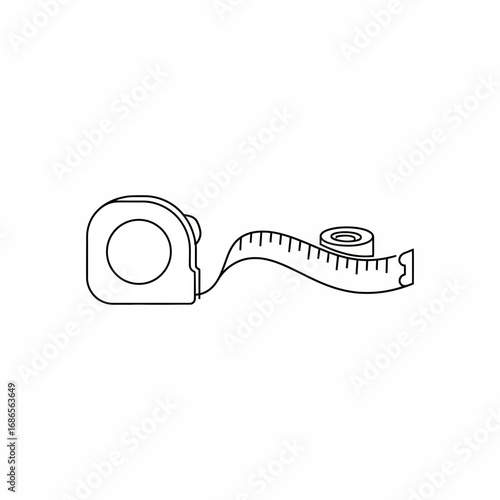 A clean, minimalist line art illustration showcases a classic retractable measuring tape, an essential tool for precise measurements in various projects.